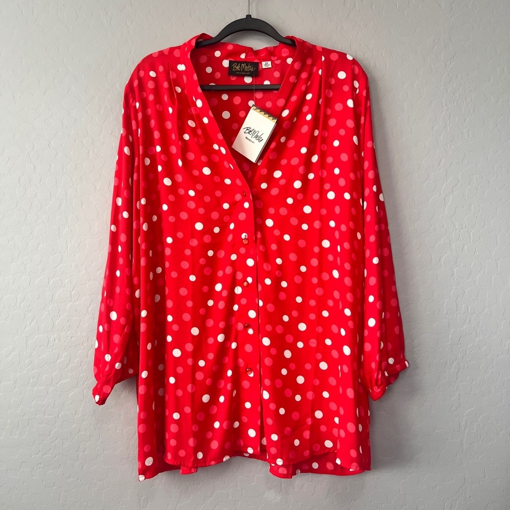NWT Bob Mackie Wearable Art Red White Pink Polka Dot Button Up Blouse Plus 2X